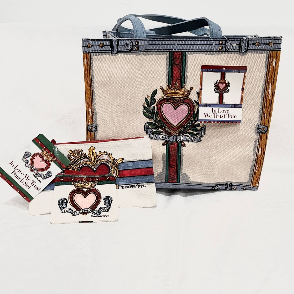Brighton 2019 "In Love We Trust" 3pc Canvas Tote Bag & 2 Matching Pouch …